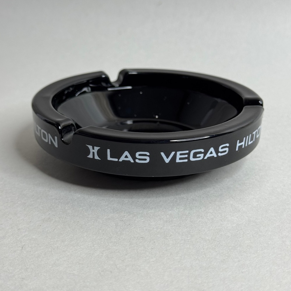 Vintage Las Vegas Hilton Black Glass Ashtray Tobacciana Souvenir Casino Decor